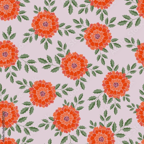 Seamless pattern with marigold flowers and leaves for fabric, textile, wrapping paper, card, invitation, wallpaper, web design, background. Elements isolated on background, editable details.