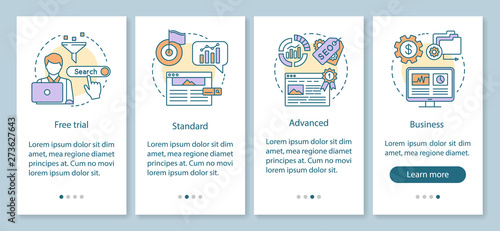 SEO keyword tool subscription onboarding mobile app page screen with linear concepts