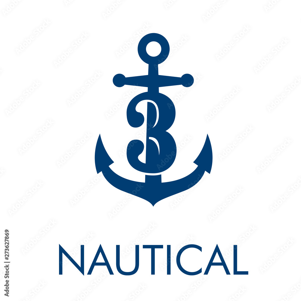 Logotipo abstracto con texto NAUTICAL con número 3 en ancla en color azul Logotipo abstracto con texto NAUTICAL con número 3 en ancla en color azul