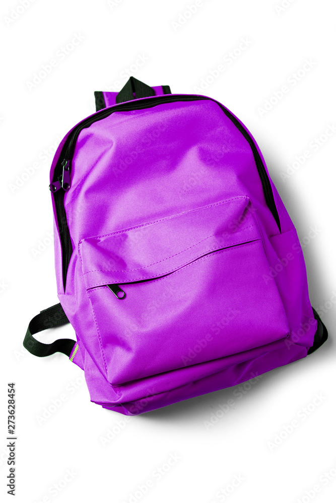 Top view of purple school backpack on white background. - obrazy, fototapety, plakaty 