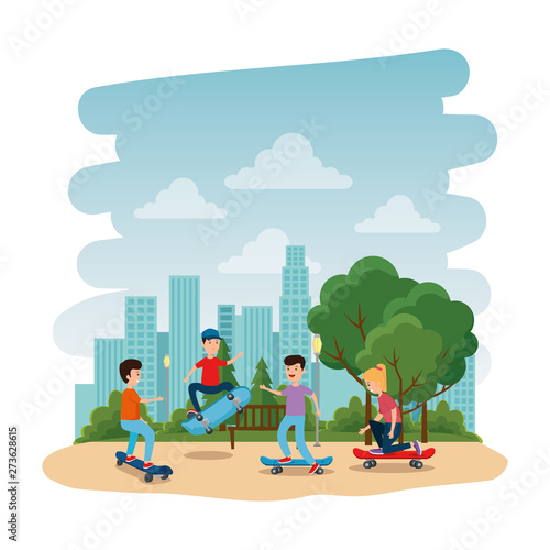 happy young kids in skateboard on the park