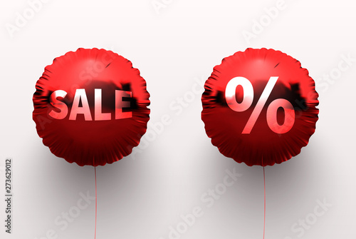 Sale. Red promo foil balloons with percent sign.