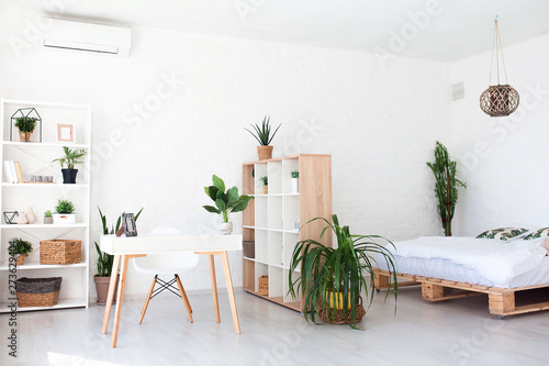 Cozy interior design of modern studio apartment in Scandinavian style. A spacious huge room in light colors with wooden bed and stylish expensive luxury furniture.
