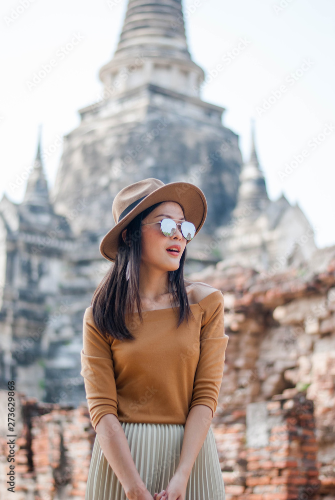 Beautiful woman who is on holiday in Ayutthaya, Thailand