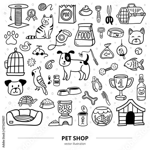 Funny Pets stuff and supply icons with text. Doodle vector illustration. Cartoon dog, cat, parrot, turtle, fish and many care elements like kennel, leash, food, aquarium, paw, bowl, bone and other