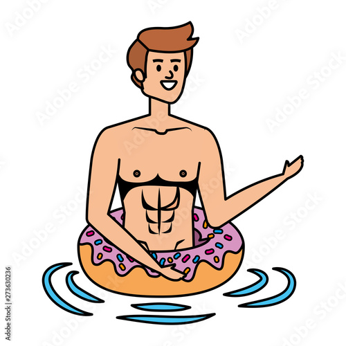 young man with swimsuit and float donut