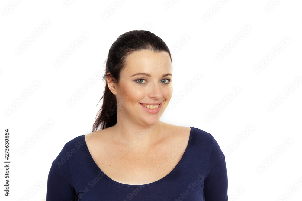 Brunette young woman smiling portrait on white background Brunette young woman smiling portrait on white background