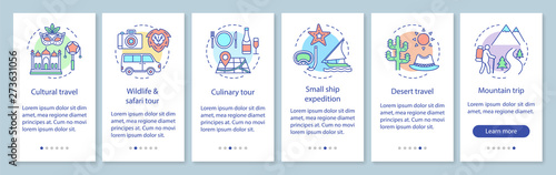 Travel experiences onboarding mobile app page screen with linear concepts