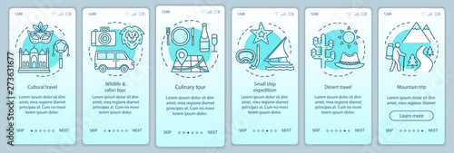 Travel experiences onboarding mobile app page screen vector template