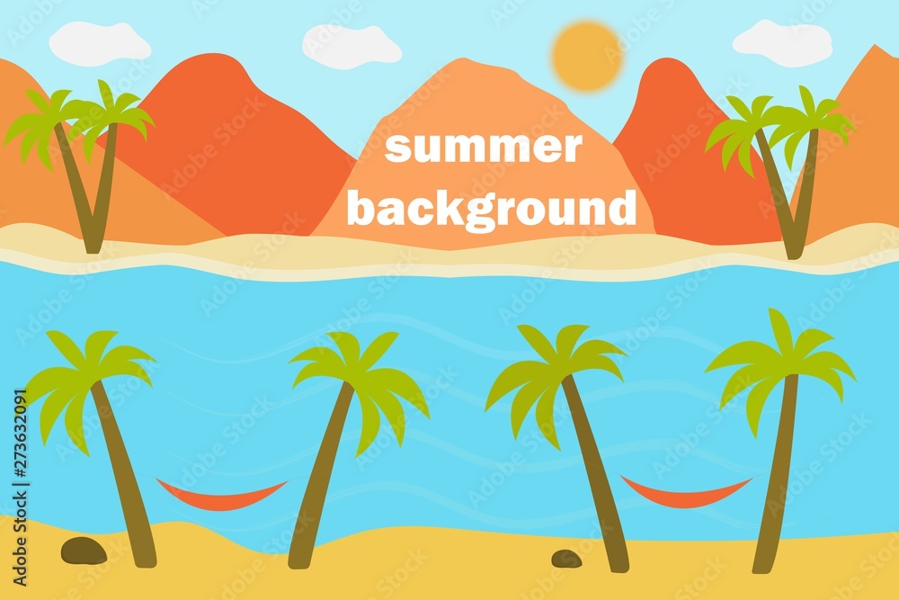 Vector illustration of beautiful panoramic view. Mountains in summer with see or ocean, morning mountain, landscape, sandy beach, mountains, clouds, the sun is shining, horizontal background