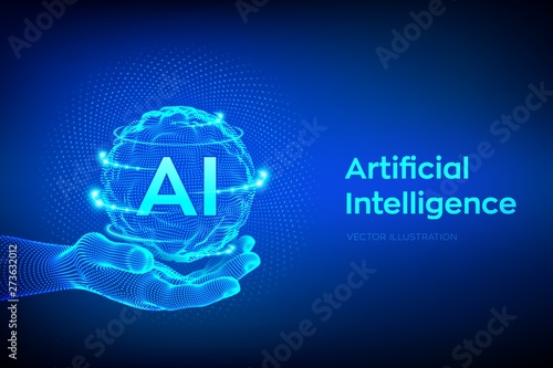 AI. Artificial Intelligence Logo in hand. Artificial Intelligence and Machine Learning Concept. Sphere grid wave with binary code. Big data innovation technology. Neural networks. Vector illustration.