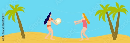 sandy beach, palm trees on the background of the beach, the ocean or the sea and sand, summer , free space for text, vector illustration, girls on the beach play ball, outdoor activities, panoramic