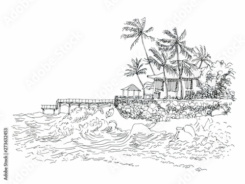 Storm at the sea shore.Ink drawing.