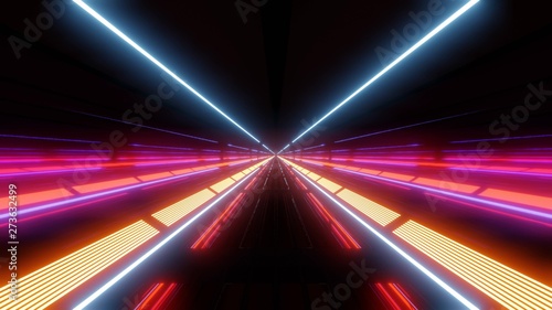 multi color light tunnel with red and blue lights and reflections photo