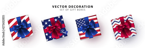 Set of gift boxes in the colors of the USA flag isolated on white background. Collection of realistic gift presents view top. American holiday decoration elements. 