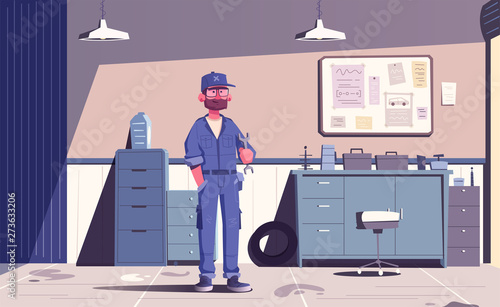 Car repair shop. Cartoon vector illustration. Garage indoor. Mechanic character design