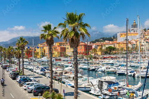 View of palm tree and harbor with boats in Menton on French Riviera. Provence...