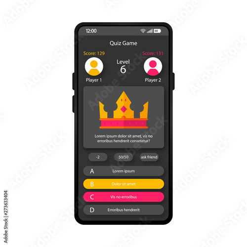 Online quiz game smartphone interface vector template