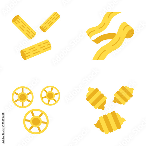 Pasta noodles types flat design long shadow color icons set