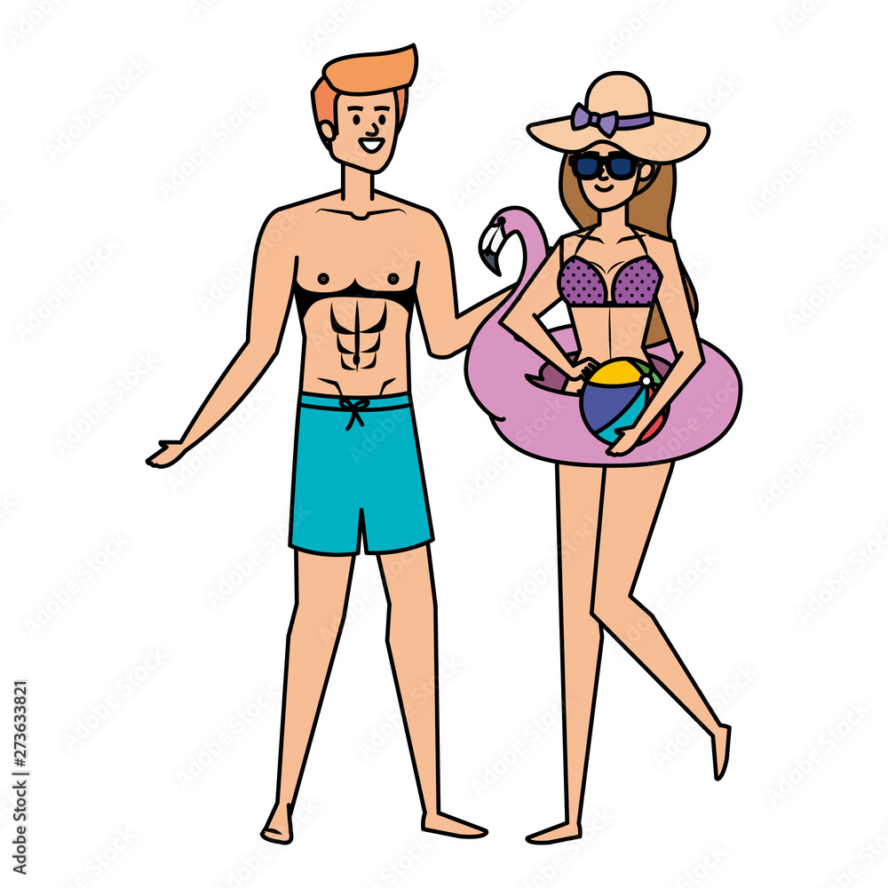 young couple with swimsuit and flemish float young couple with swimsuit and flemish float