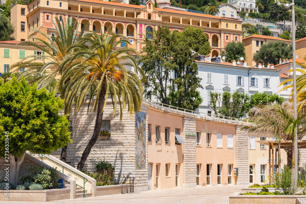 Colorful houses in old town architecture of Menton on French Riviera. Provence-Alpes-Cote d'Azur, France.