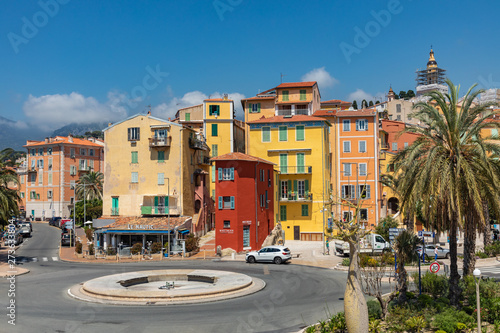 Colorful houses in old town architecture of Menton on French Riviera. Provence-Alpes-Cote d'Azur, France.