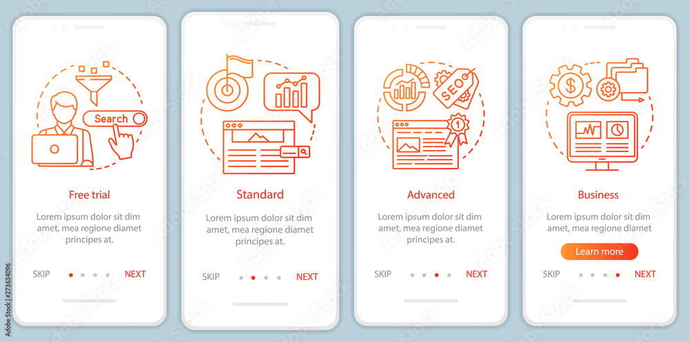 SEO keyword tool subscription onboarding mobile app page screen with linear concepts