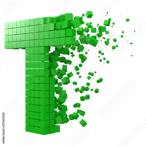 letter T shaped data block. version with green cubes. 3d pixel style vector illustration.