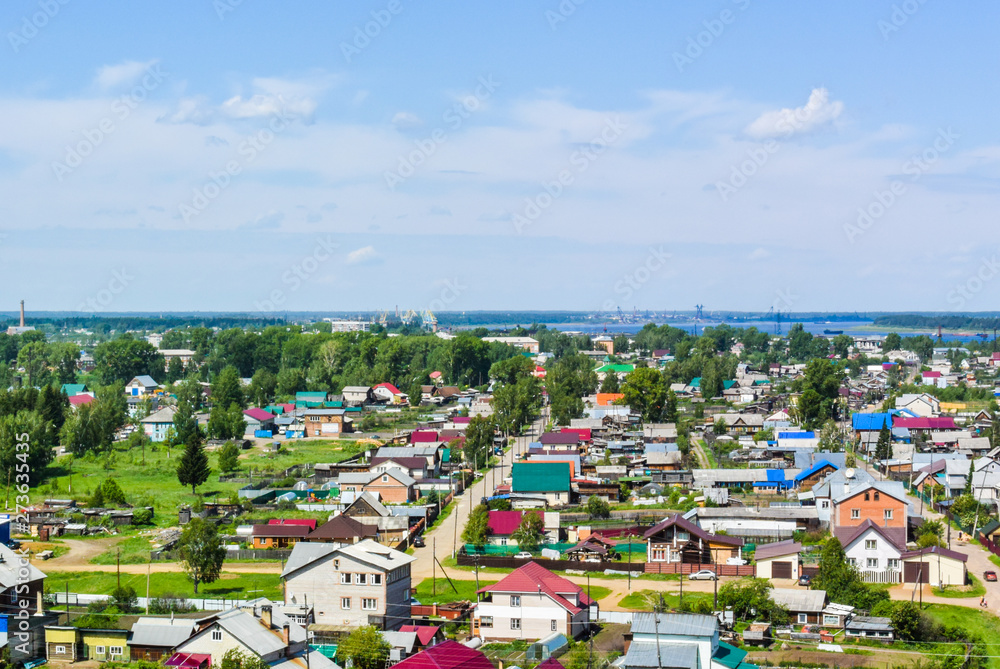 lesosibirsk / Russia - june 06 2019: top view of the city, houses and trees