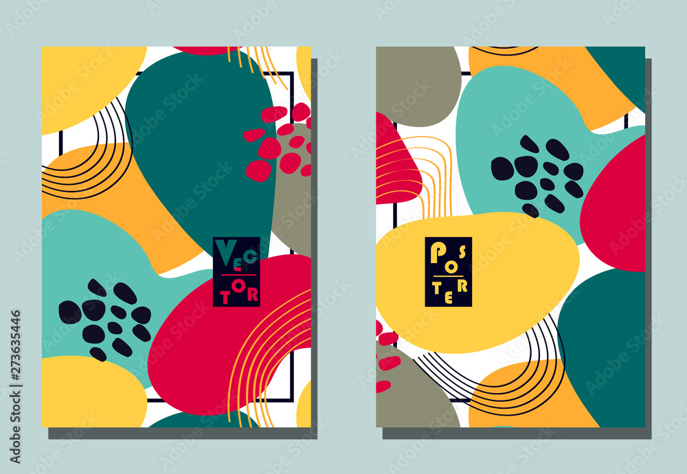 Cover with graphic elements - abstract shapes. Two modern vector flyers in avant-garde collage style. Geometric wallpaper for business brochure, cover design.