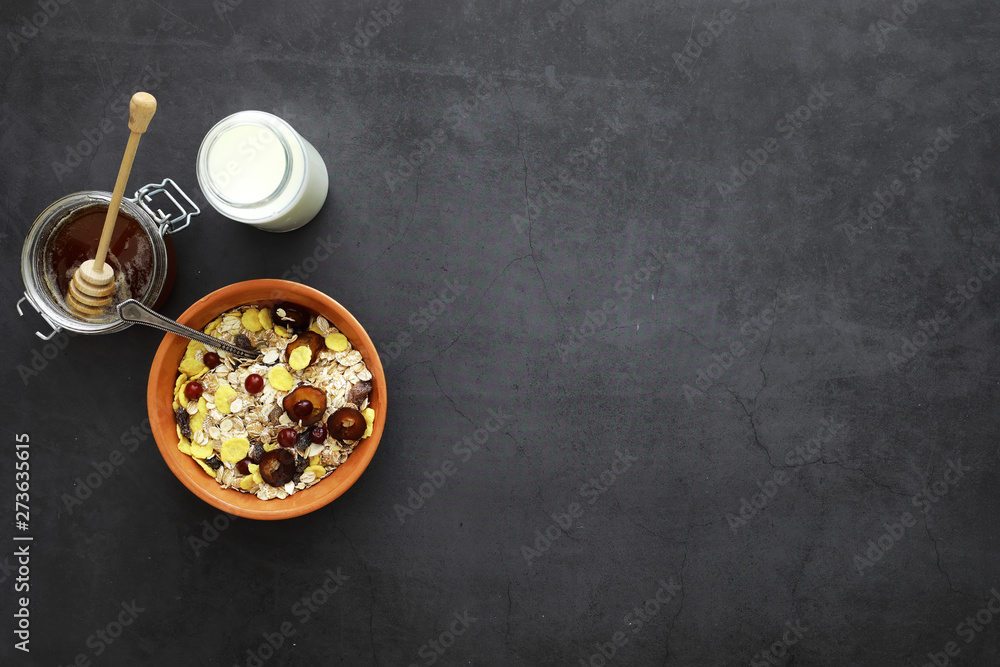 Healthy breakfast. Muesli from cereals with milk berries. Healthy breakfast. Muesli from cereals with milk berries.