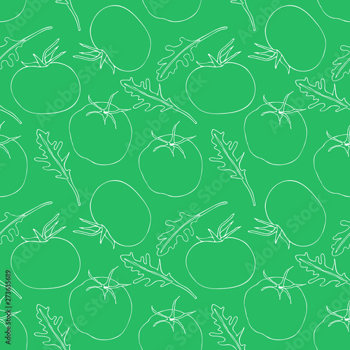 Seamless pattern with tomato and arugula (rucola). Linear white drawing on green backdrop.