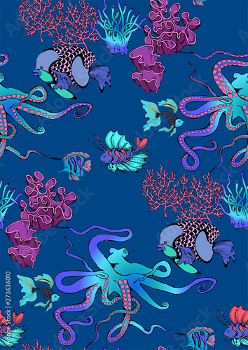 Pattern of fantastic fishes and sea voyages. Vector illustration. Suitable for fabric  wrapping paper and the like