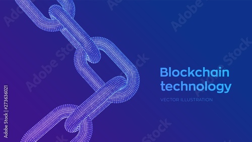 Block chain. Crypto currency. Hyperlink chain. Blockchain concept. 3D wireframe chain with digital code. Chain link with binary code. Editable cryptocurrency template. Stock vector illustration.