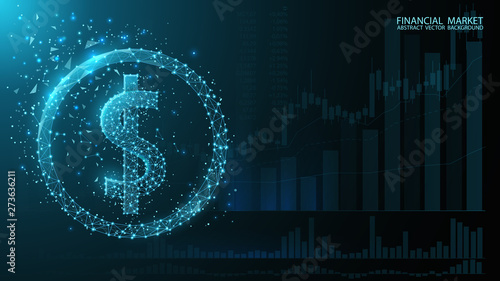 Digital dollar icon. Currency American dollar. Exchange. Charts currency quotes. Low poly image. Dark blue futuristic background. Glow effects, flickering particles, dust. Online banking, financial co