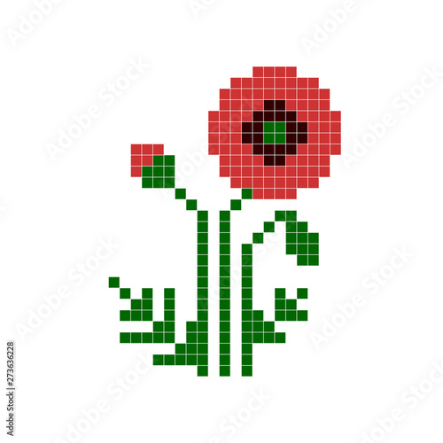 8 bit pixel mosaic floral poppy. Vector graphic flowers.