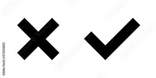 Set of black X and check mark icons. Cross and tick symbols isolated on white background.