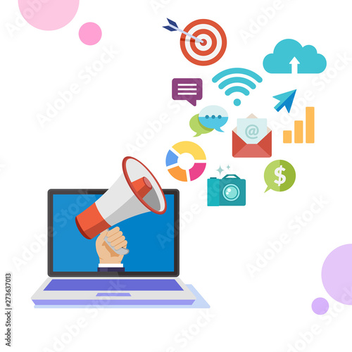 Illustration of digital marketing, the hands of a businessman holding loudspeakers out of the laptop screen to promote service technology