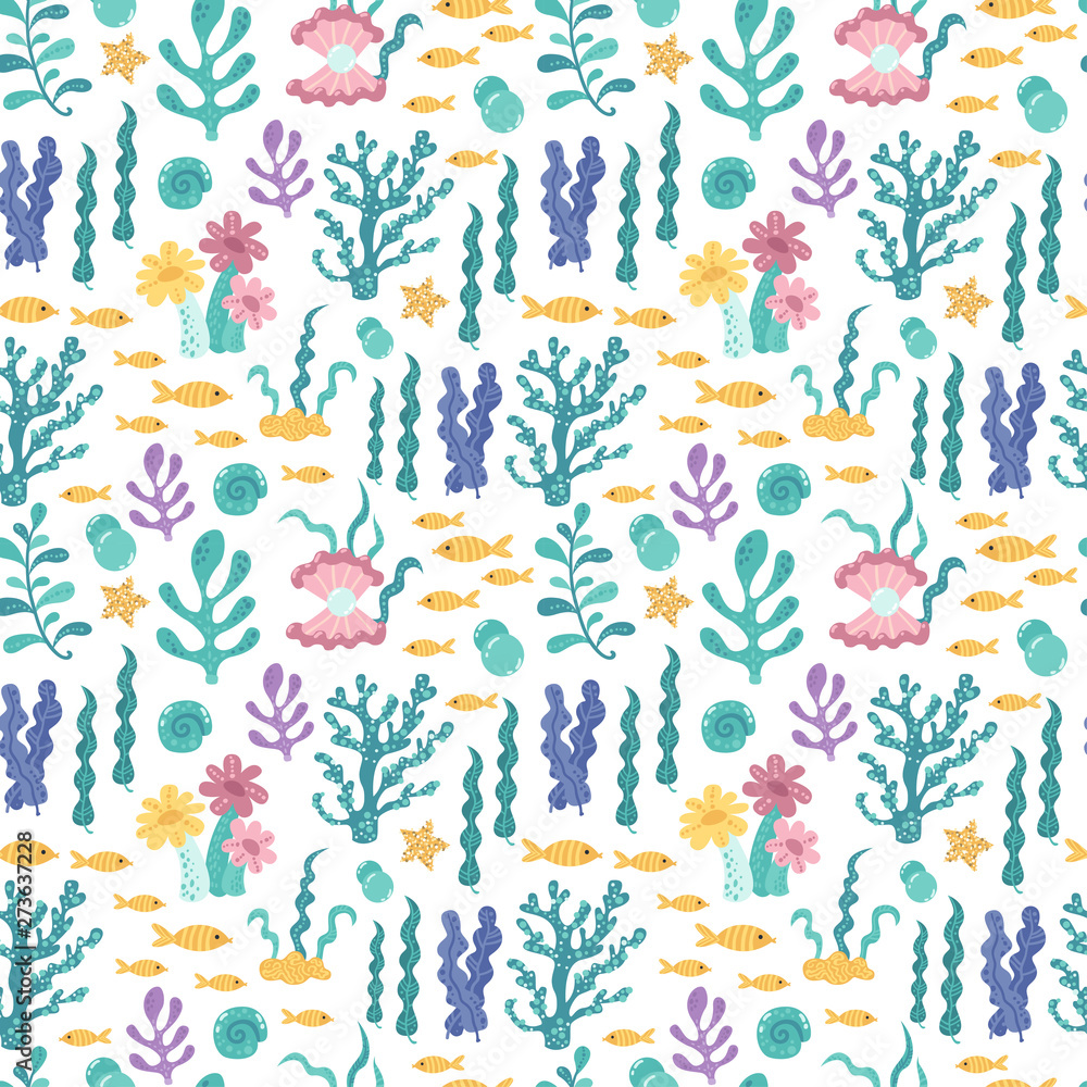 Seamless pattern with seaweed and fish