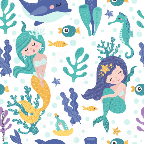 Seamless pattern with cute mermaids, seaweed and fishes