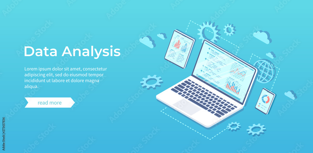 Data analysis. Analytics, statistics, audit,  research, report. Web online and mobile service. Financial reports, charts graphs on screens of laptop, phone, tablet. Business isometric illustration