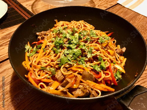 Beef Noodle with Vegetables in Pan Ready to Serve