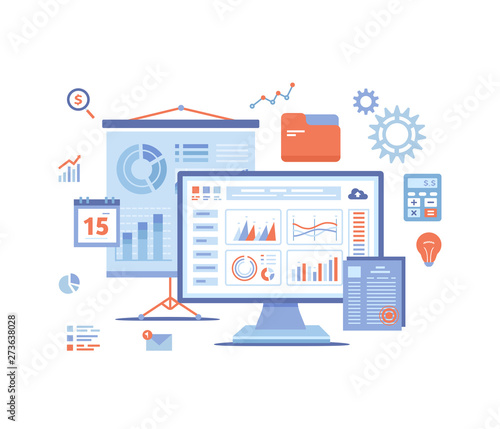 Data Analysis, Accounting, Analytics, Report, Research, Planning. Charts, diagrams, graphs on the monitor screen, projector screen. Vector illustration on white background.