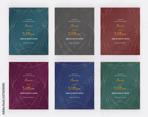 Luxury premium design cards with golden polygonal lines frames on the marble texture. Geometric wedding invitation. Trendy templates for banner, flyer, poster, greeting.
