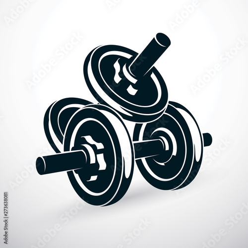 Dumbbell vector illustration isolated on white with disc weight. Sport equipment for power lifting and fitness training.