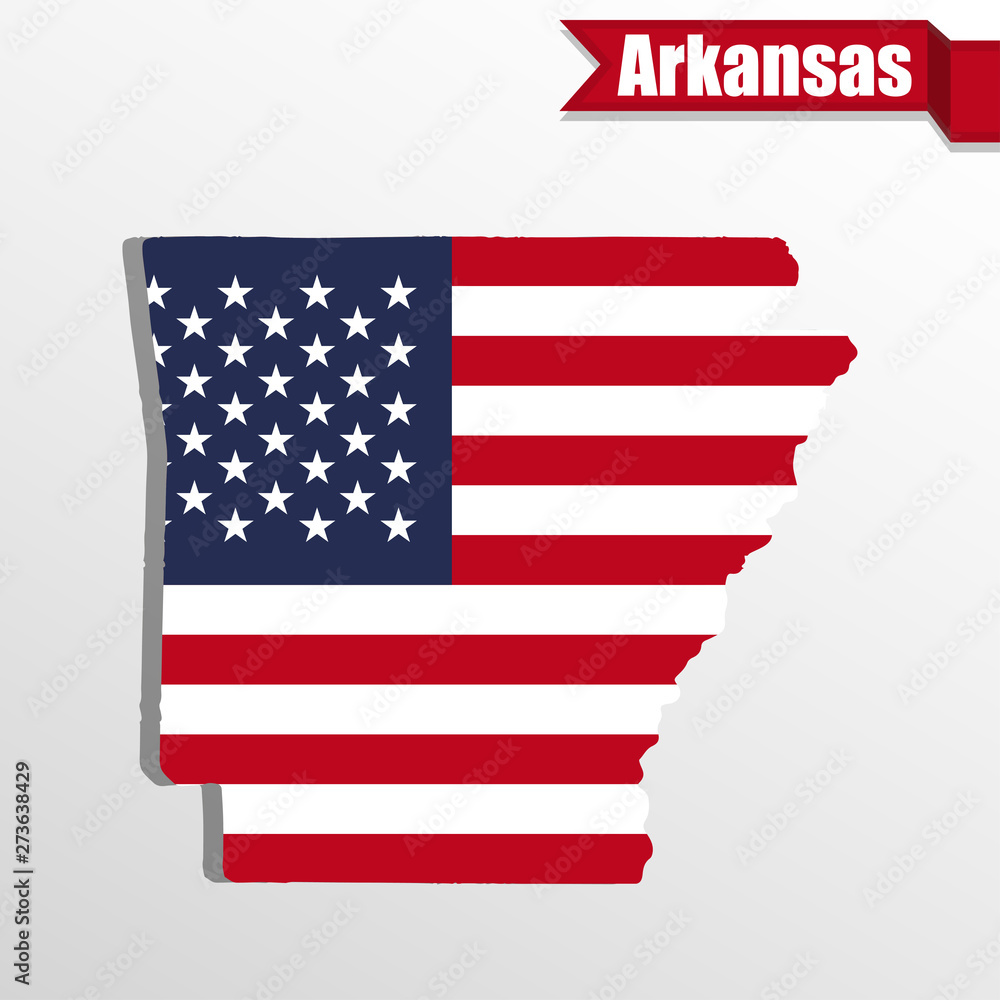 Arkansas State map with US flag inside and ribbon Arkansas State map with US flag inside and ribbon