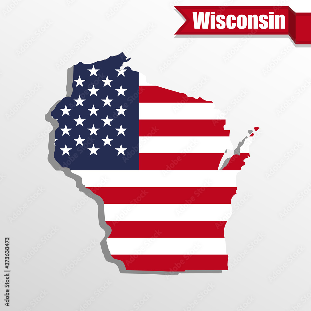 Wisconsin State map with US flag inside and ribbon Wisconsin State map with US flag inside and ribbon