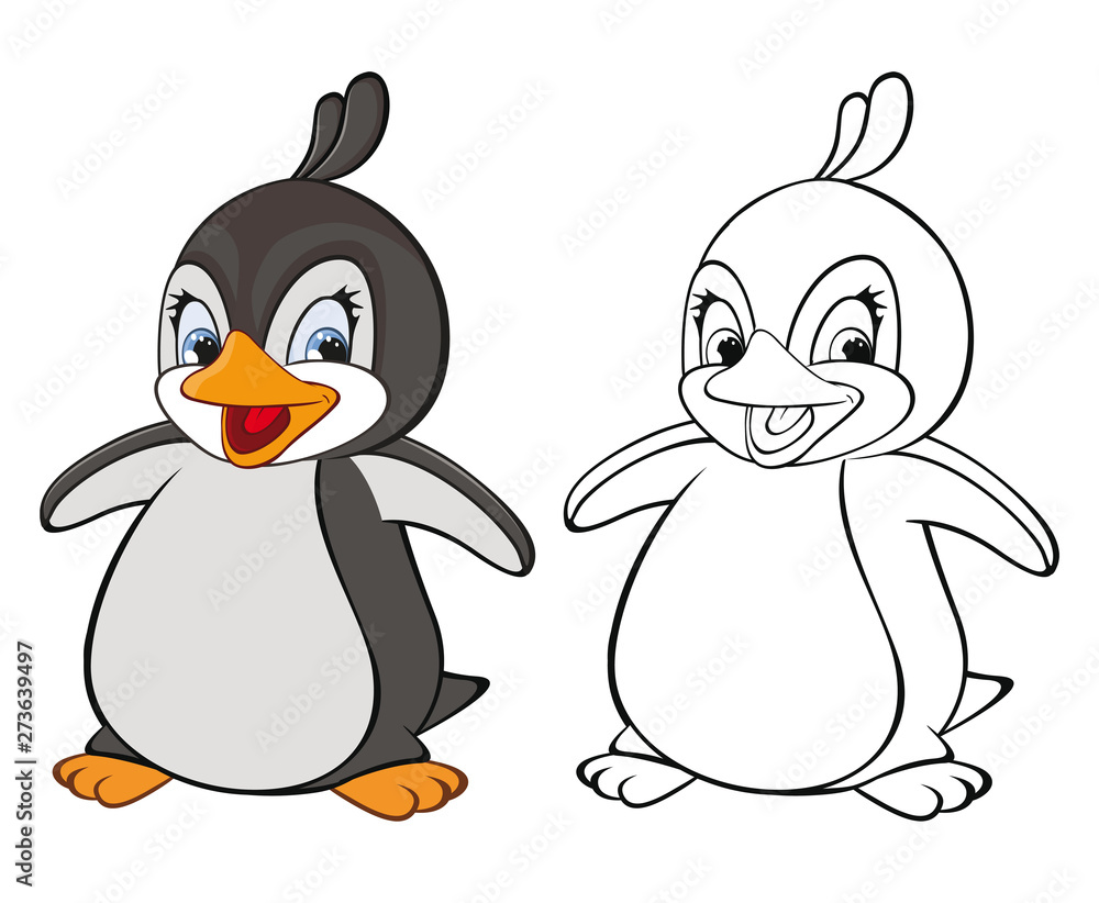 Fototapeta premium Vector Illustration of a Cute Cartoon Character Penguin for you Design and Computer Game. Coloring Book Outline Set 