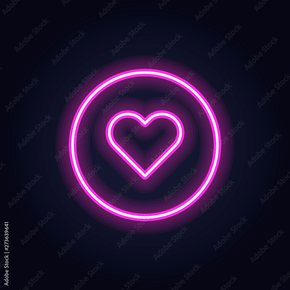 Vector neon icon for social media. Pink heart love glowing lamp symbol in circle frame isolated on black. Emoticon element of UI design for web, promotion, advertisment.