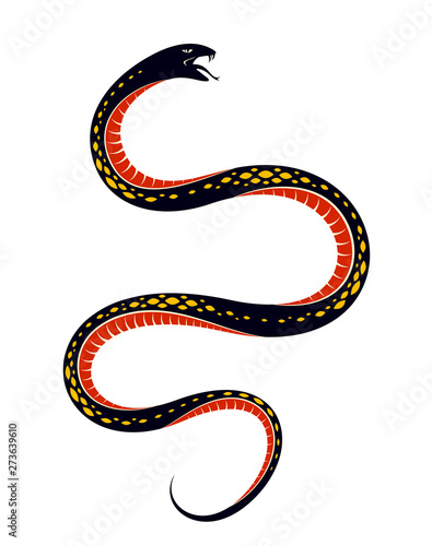 Venomous snake vintage tattoo, vector drawing of aggressive predator reptile, deadly poisoned serpent symbol, vintage style illustration.